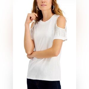 INC International Concepts White Cold Shoulder Tee with Metallic Details